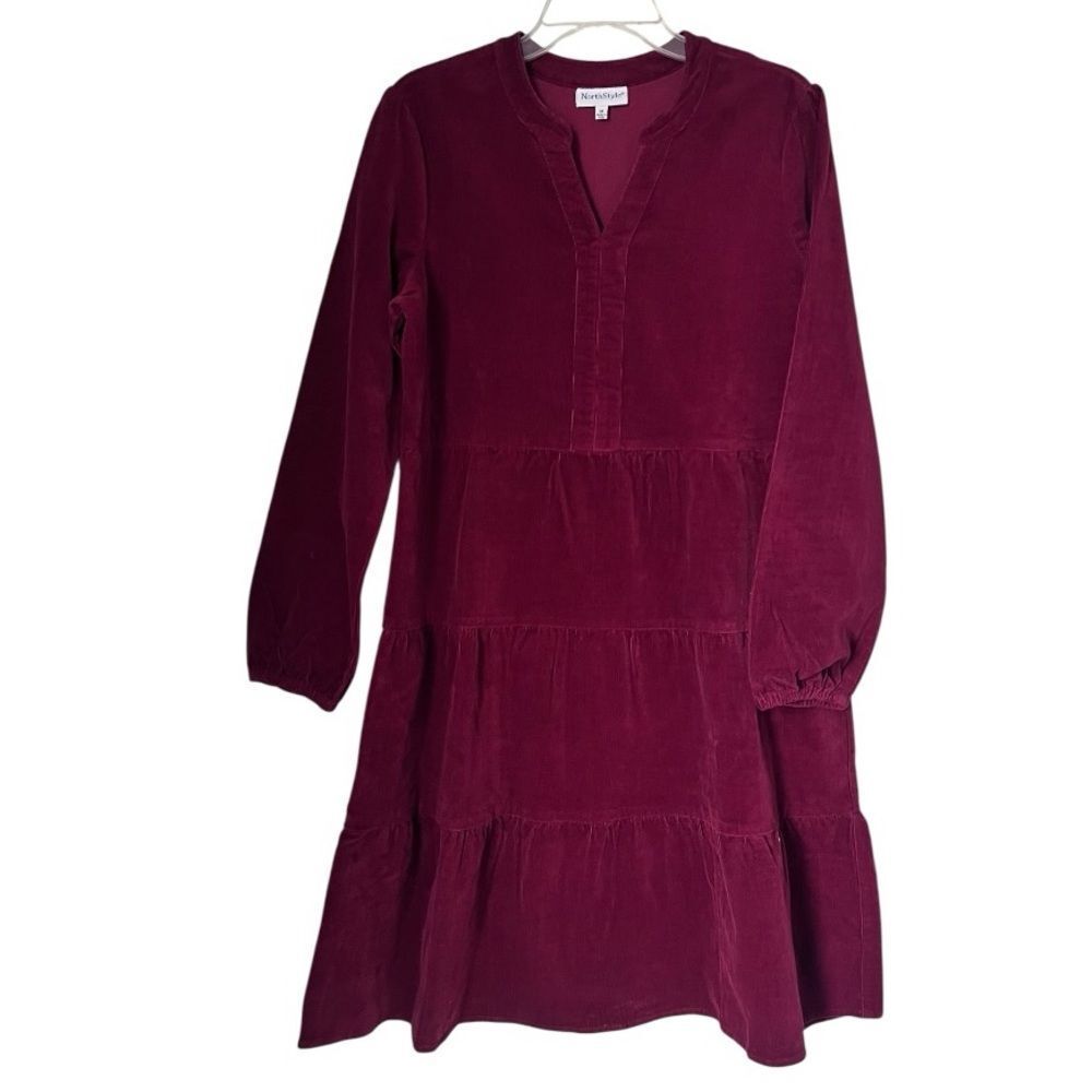 Northstyle Burgundy Corduroy Tiered Prairie Cottagecore Western Midi Dress Sz M